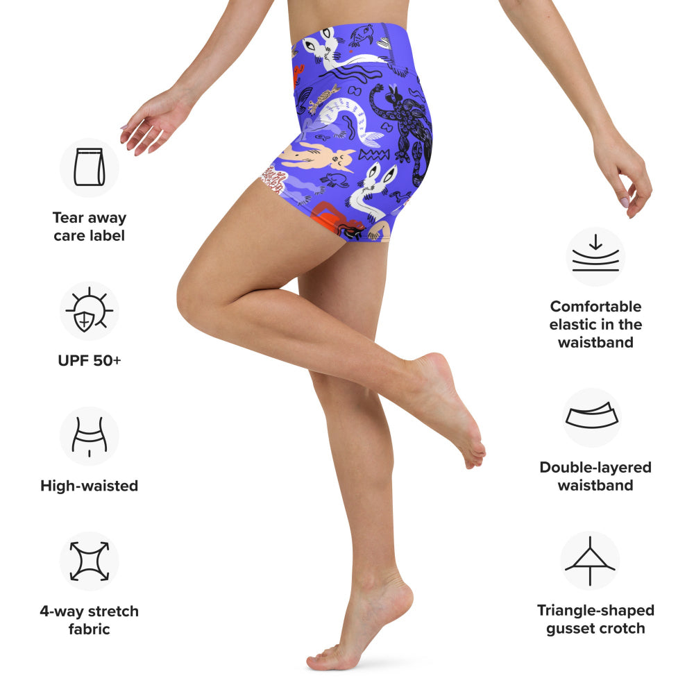 Isolated right side view of Deep Blue Mermaid Frenzy yoga shorts with product features displayed