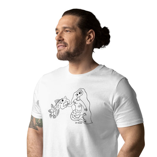 A man wearing the Mermaid’s Mate organic unisex cotton T-shirt in white, front view