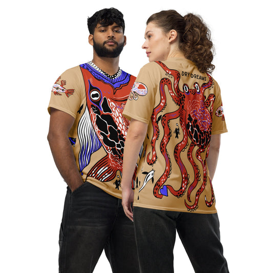 Two people wearing the Swallowed By a Fish recycled unisex T-shirt, one showing the front and one the back design