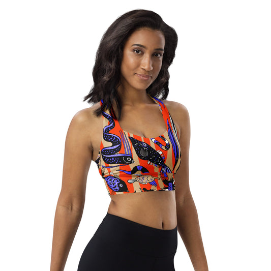Right side view of a woman wearing the Wild Catch recycled sports bra