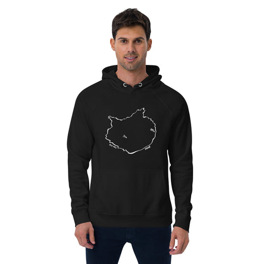 A man wearing a black hoodie with a white graphic of the Blue Hole on the front.