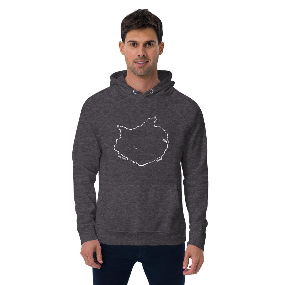 A man wearing the Blue Hole Eco Hoodie in grey with a Blue Hole Dahab aerial design