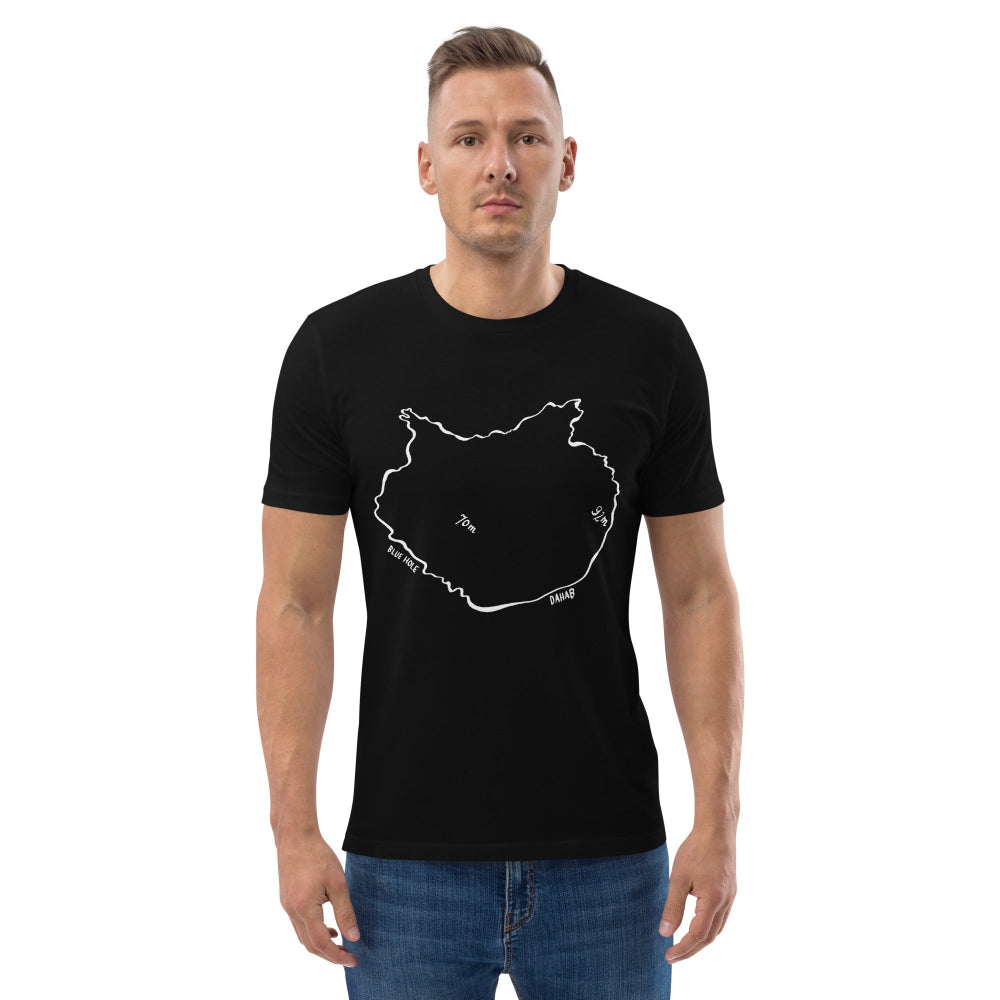 A man wearing the Blue Hole Heart organic unisex cotton T-shirt in black, front view
