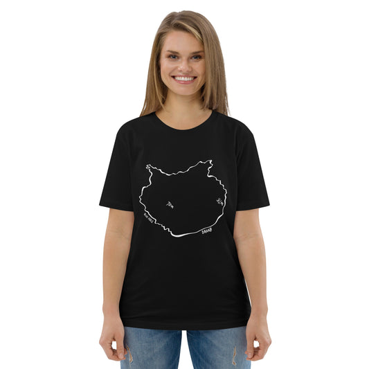 A woman wearing the Blue Hole Heart organic unisex cotton T-shirt in black, front view