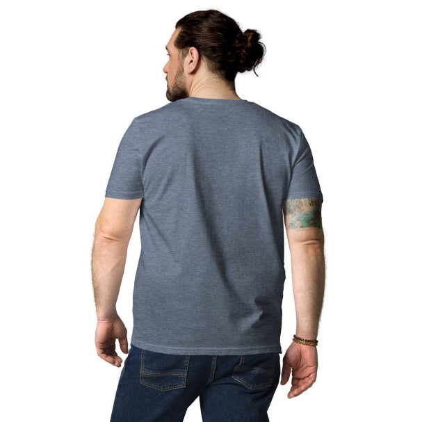 Back view of a man wearing a blue Dry Dreams organic unisex T-shirt