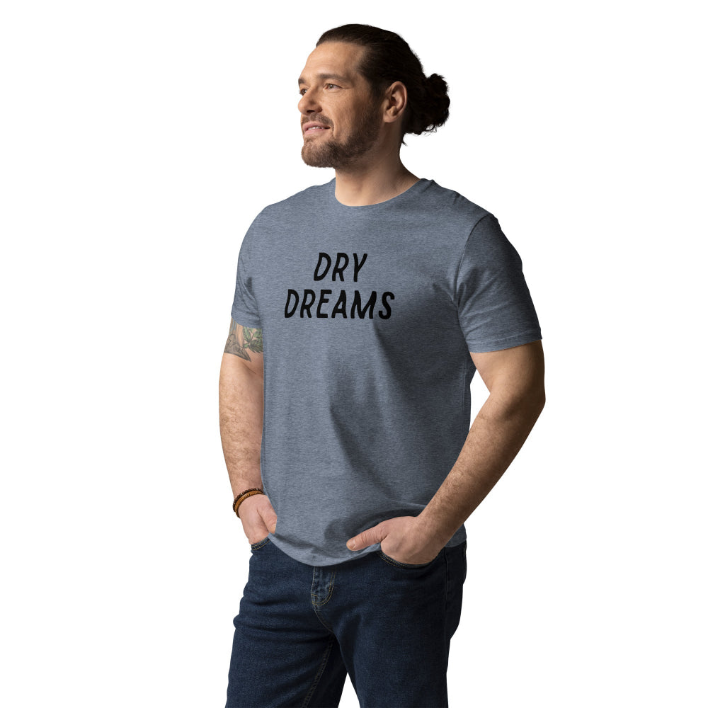 A man wearing a blue Dry Dreams organic unisex T-shirt with logo, front view