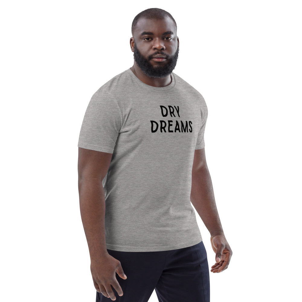 A man wearing a grey Dry Dreams organic unisex T-shirt with logo, front view