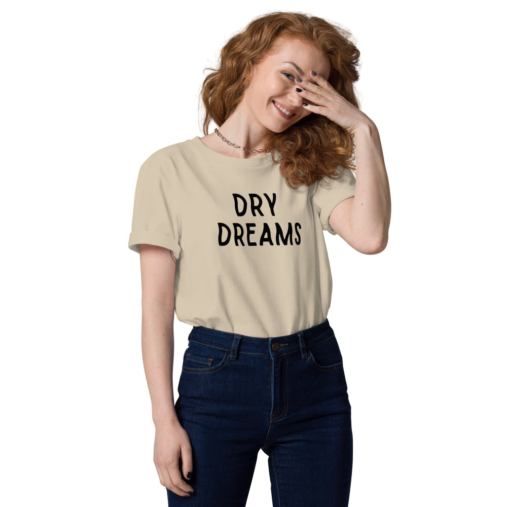 A woman wearing a tan Dry Dreams organic unisex T-shirt with logo, front view