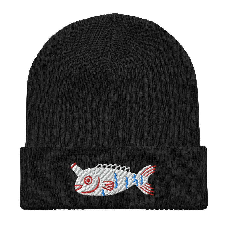 Flat lay of a black Fishful Thinking organic ribbed beanie with embroidered unicornfish