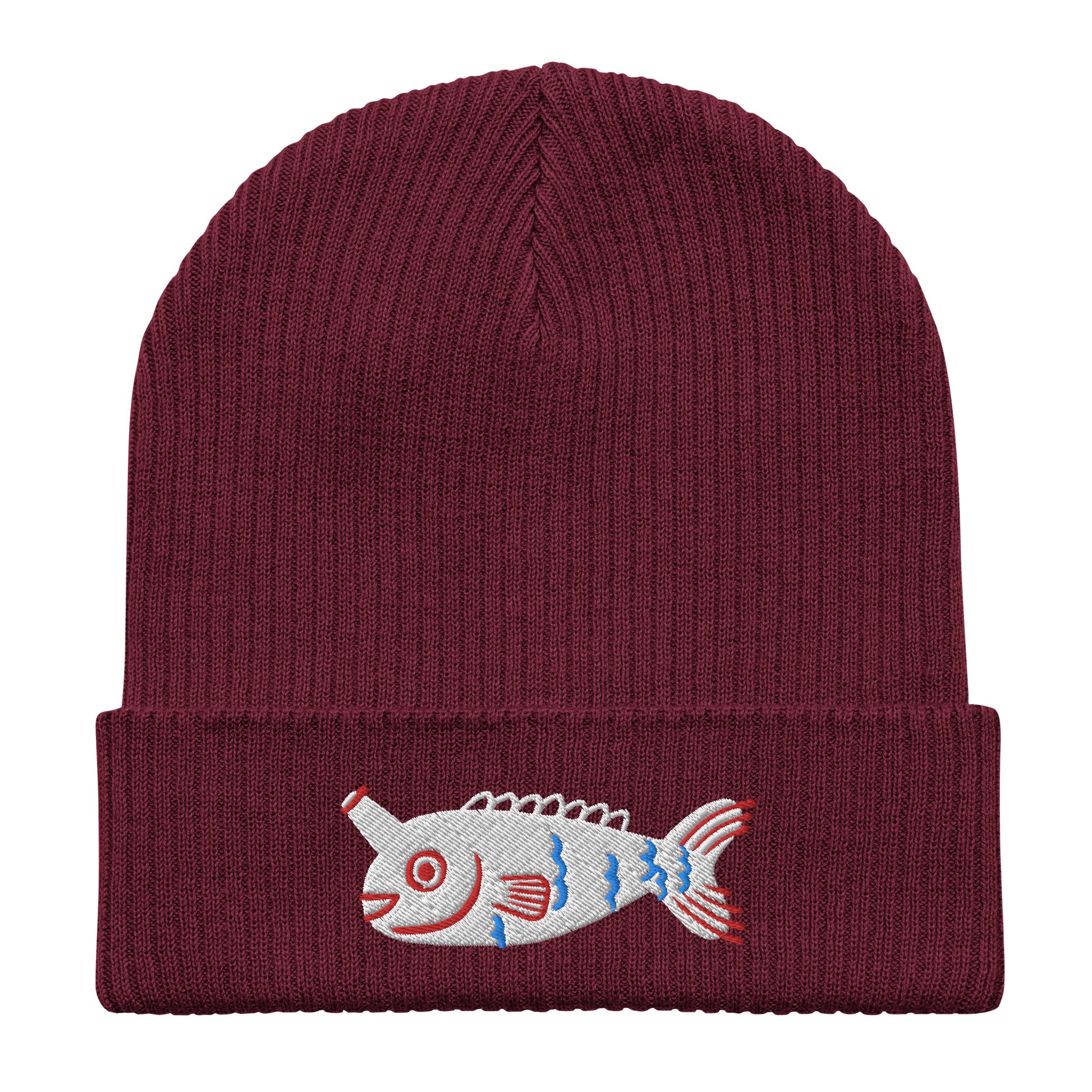 Flat lay of a burgundy Fishful Thinking organic ribbed beanie with embroidered unicornfish