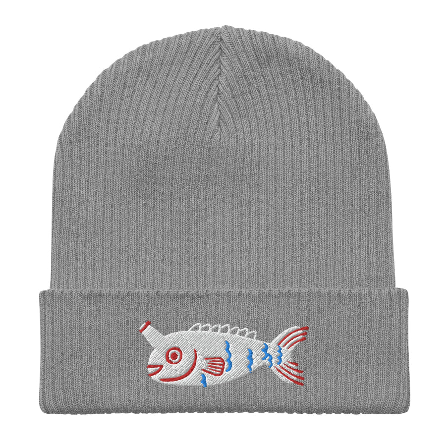 Flat lay of a grey Fishful Thinking organic ribbed beanie with embroidered unicornfish