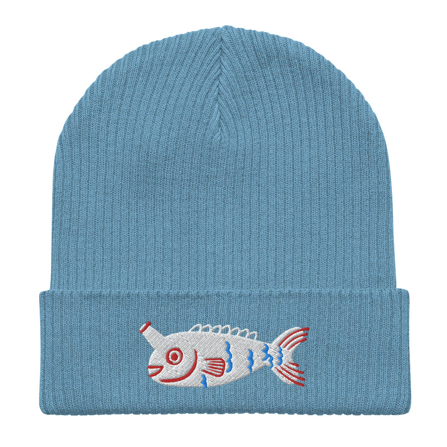 Flat lay of a light blue Fishful Thinking organic ribbed beanie with embroidered unicornfish