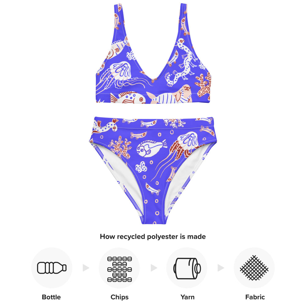 Flat front view of the Funny Fishes recycled bikini set in Deep Blue with product features displayed