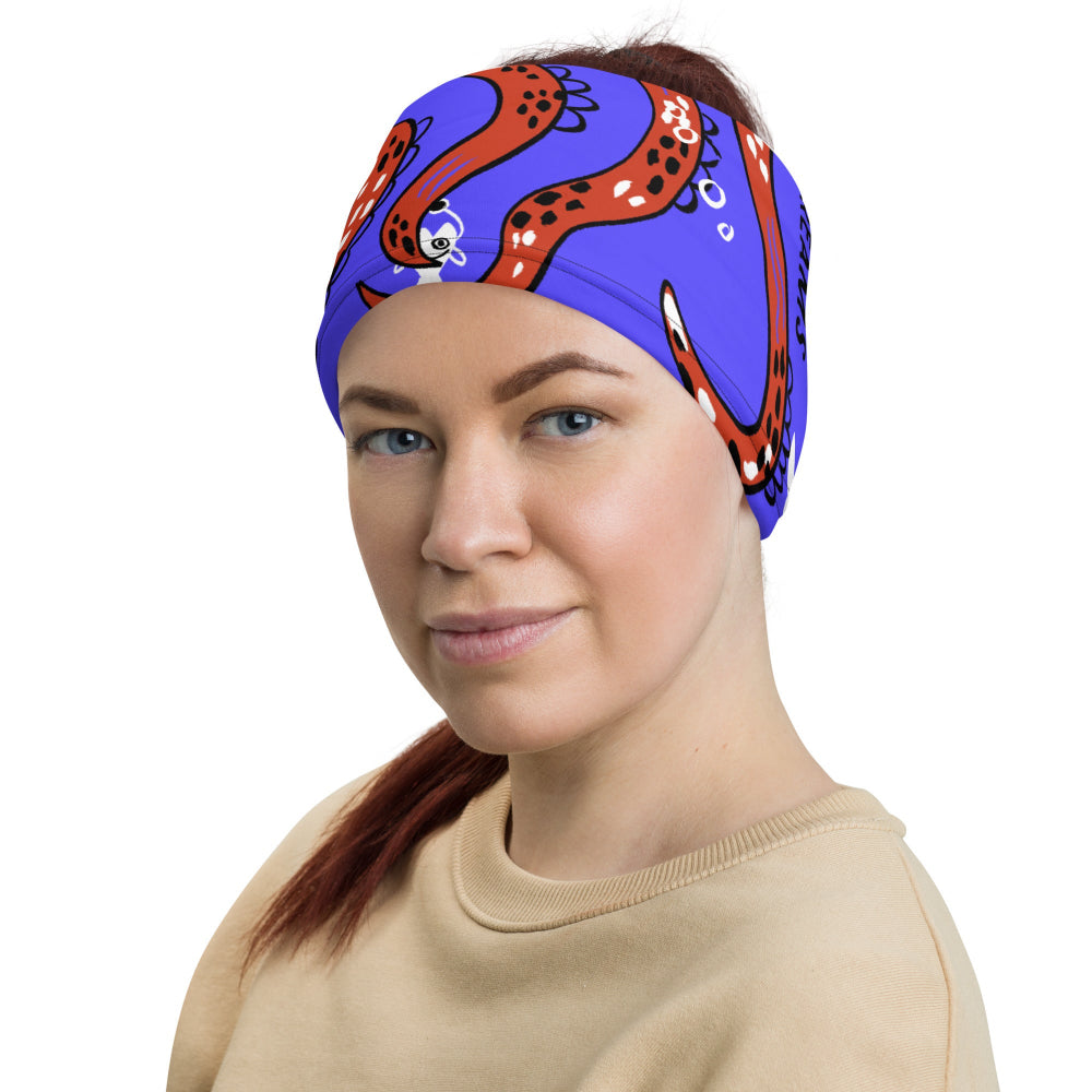 A woman wearing the Octopus Buff as a headband