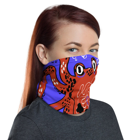 Side view of a woman wearing the Octopus Buff as a face covering