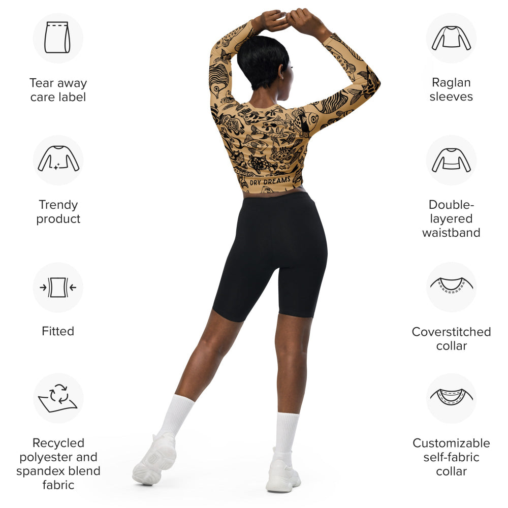 Back view of a woman wearing the Plenty of Fish in The Sea recycled crop top with product features displayed