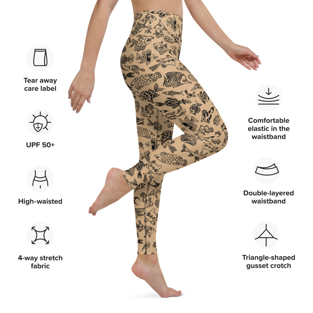 Right front view of Plenty of Fish in The Sea recycled leggings with product features displayed
