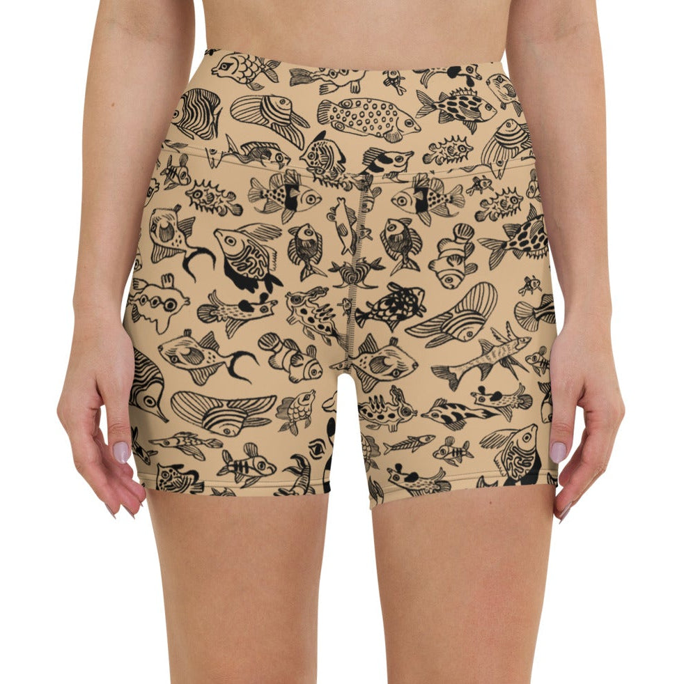 Front view of the Plenty of Fish in The Sea shorts. The shorts are beige with illustrated fish design. 