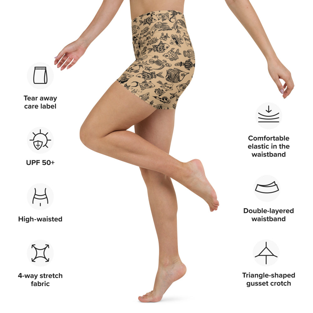 Side view of the Plenty of Fish in The Sea shorts with product features displayed