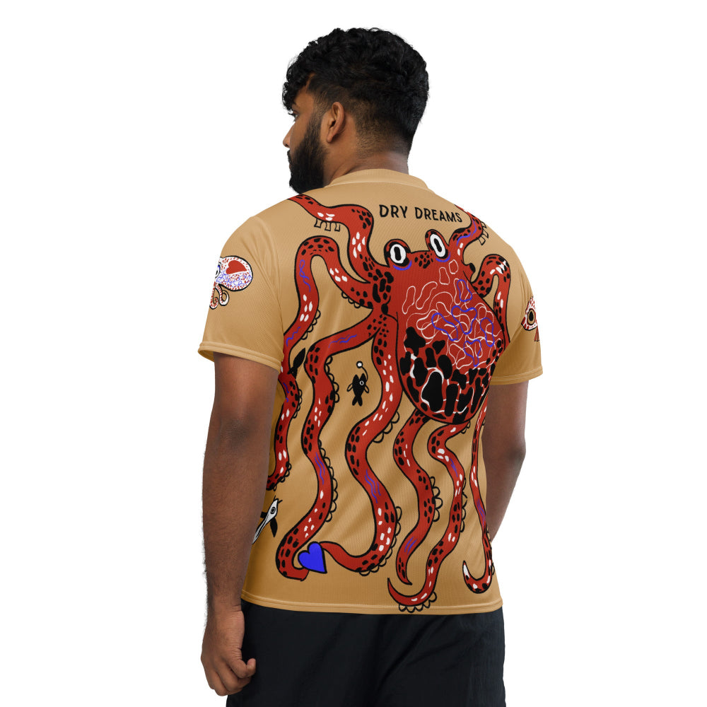 Back view of a man wearing the Swallowed By a Fish recycled unisex T-shirt with octopus design