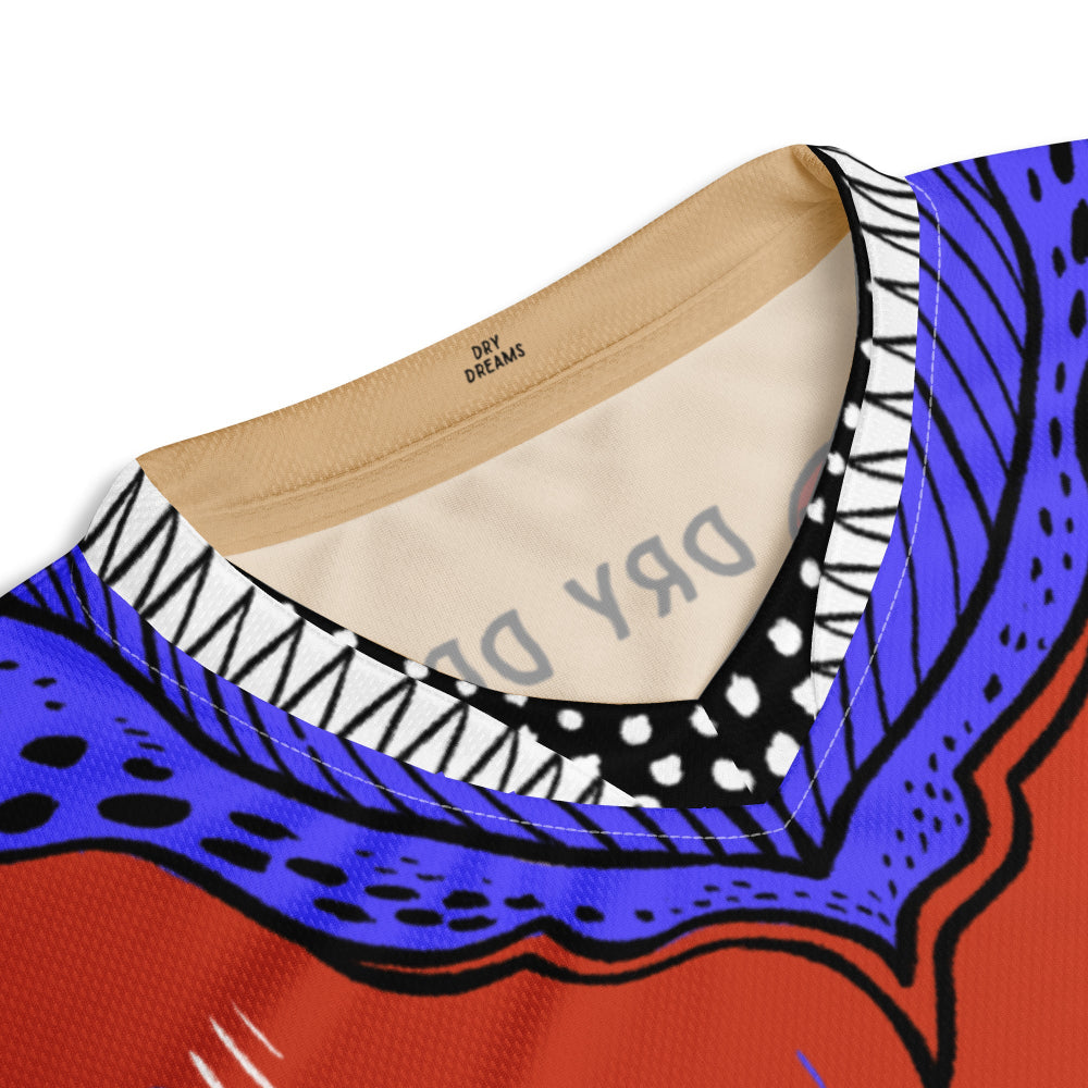 Close-up of the double-layered V-neck collar on the Swallowed By a Fish recycled unisex T-shirt