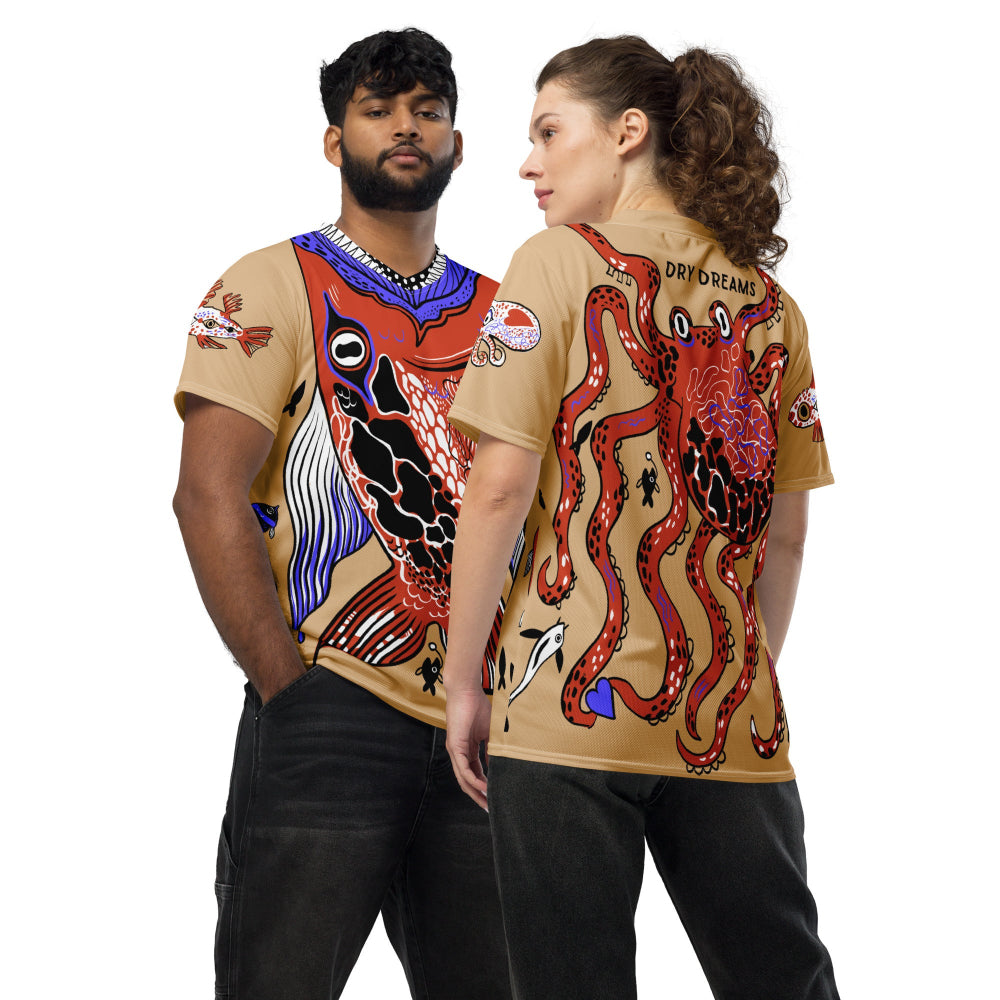 Two people wearing the Swallowed By a Fish recycled unisex T-shirt, one showing the front and one the back design