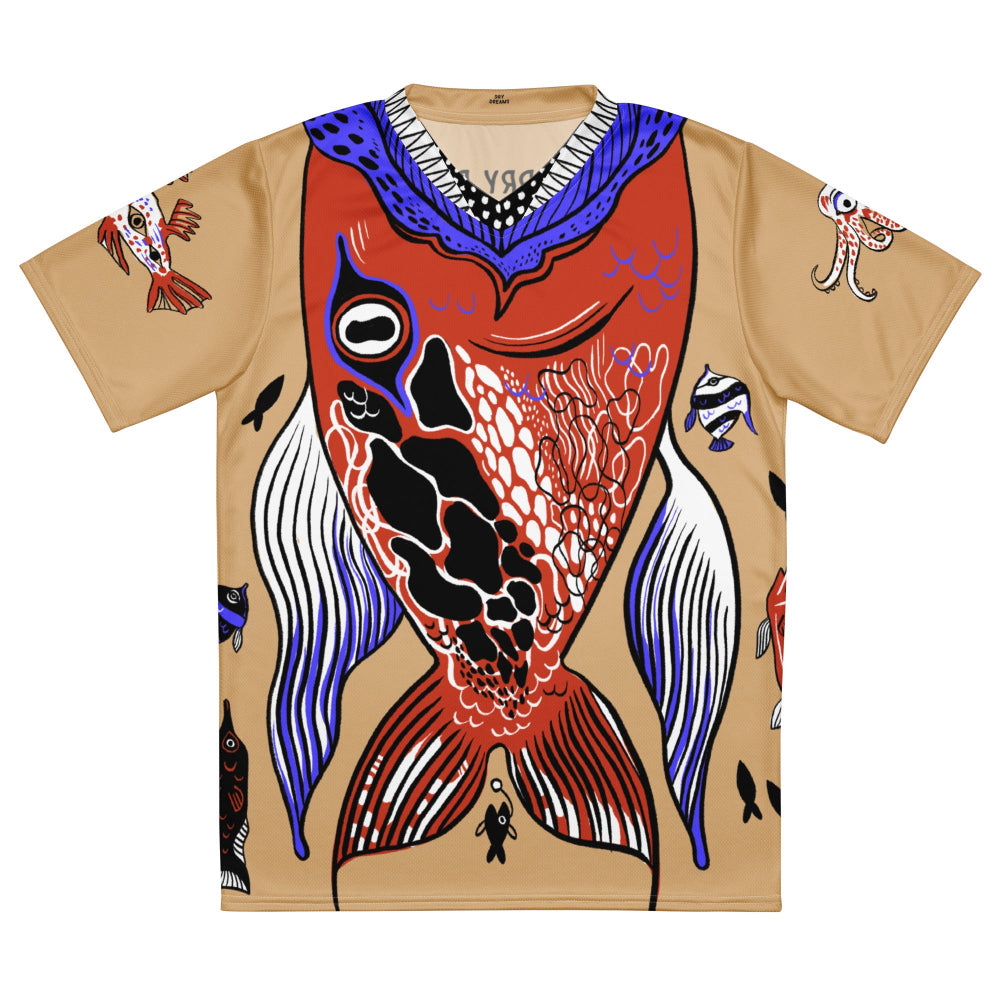 Flat lay of the Swallowed By a Fish recycled unisex T-shirt showing the front design