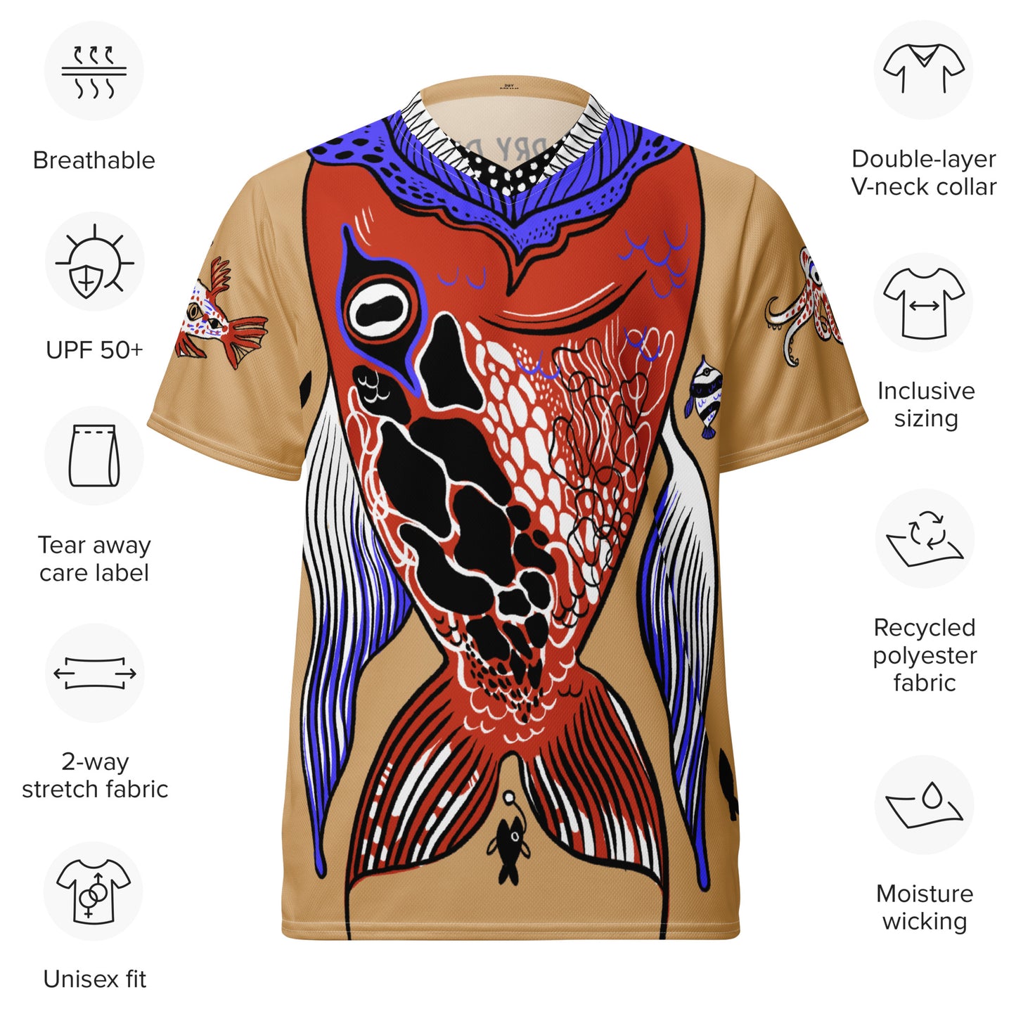 Front view of the Swallowed By a Fish recycled unisex T-shirt with material and feature information displayed