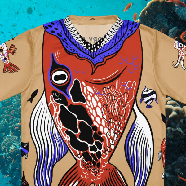Tan athletic t-shirt with a big graphical illustrated fish on it