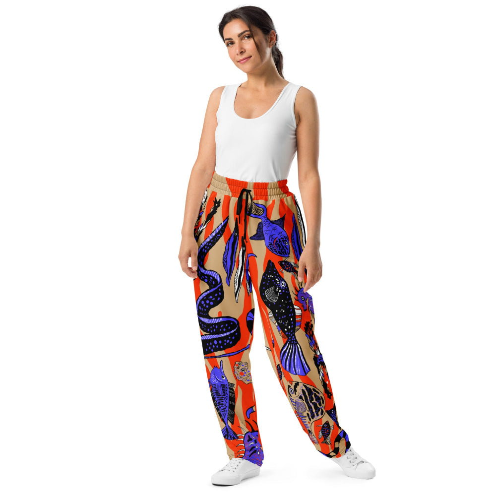 Front view of a woman wearing Wild Catch recycled unisex joggers