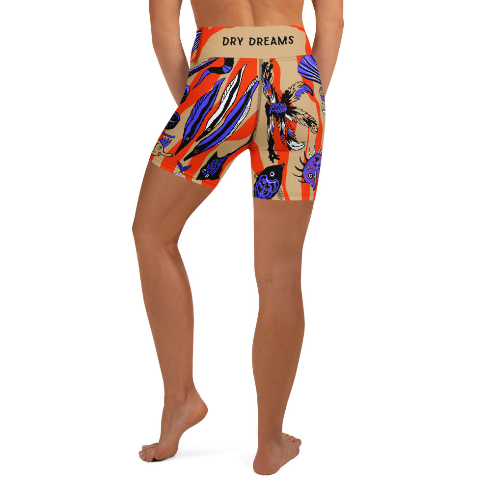 Back view of the Wild Catch yoga shorts showing the rear fit and marine life print