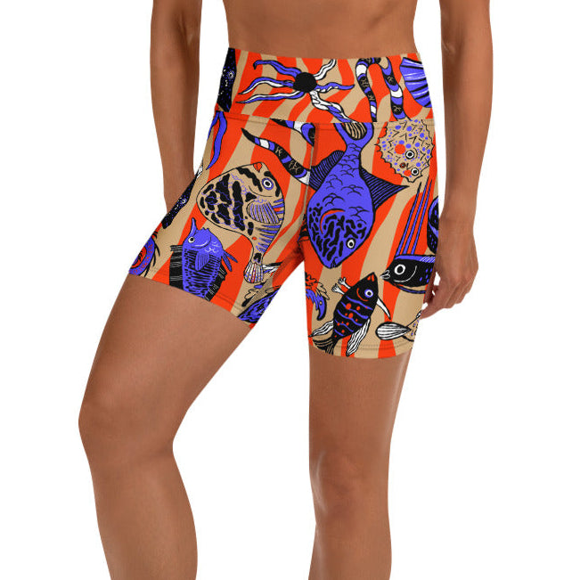 Front view of the Wild Catch yoga shorts featuring a colorful marine life pattern