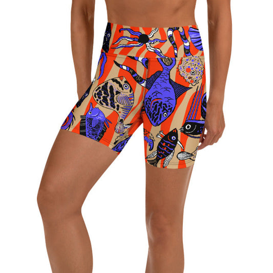 Front view of the Wild Catch yoga shorts featuring a colorful marine life pattern