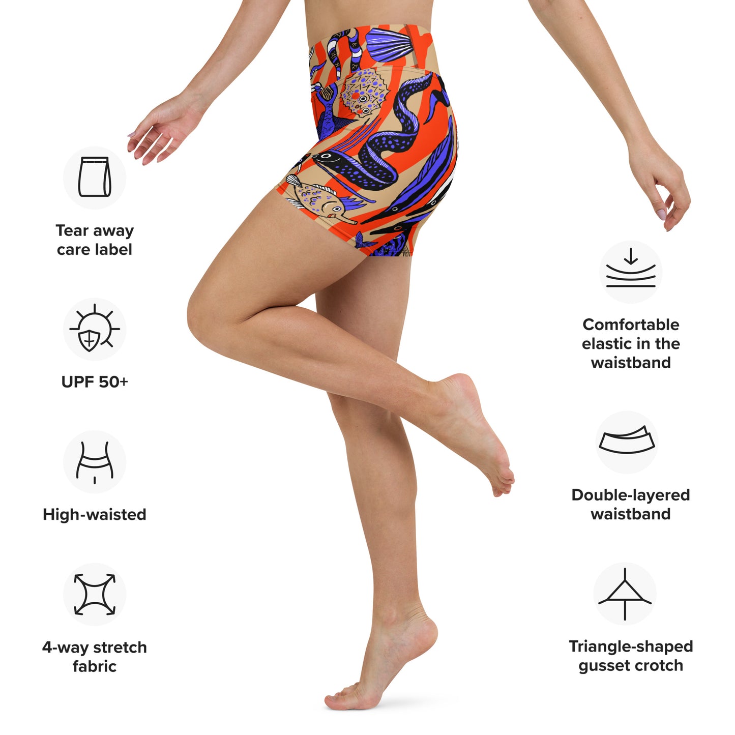 Right side view of the Wild Catch yoga shorts with fabric and material details displayed