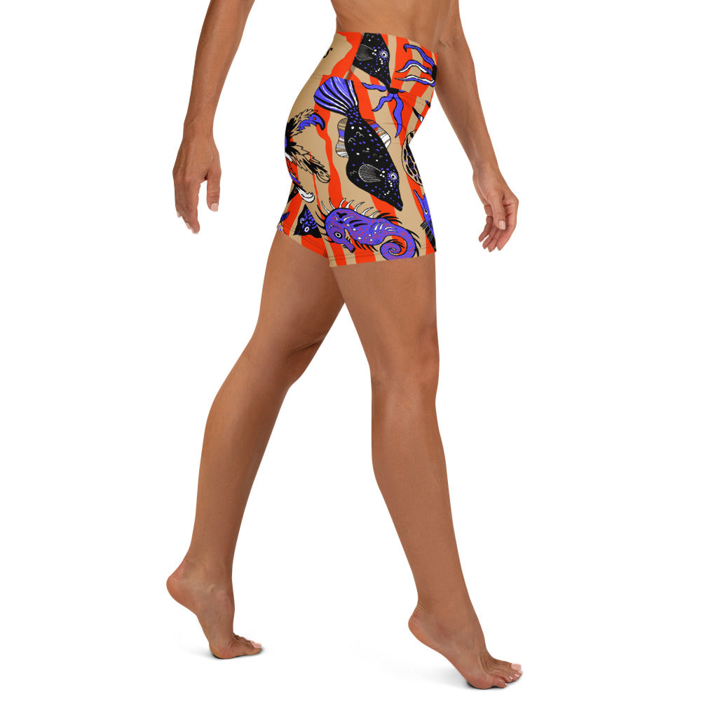 Right side view of the Wild Catch yoga shorts with high waistband and vibrant sea creature design