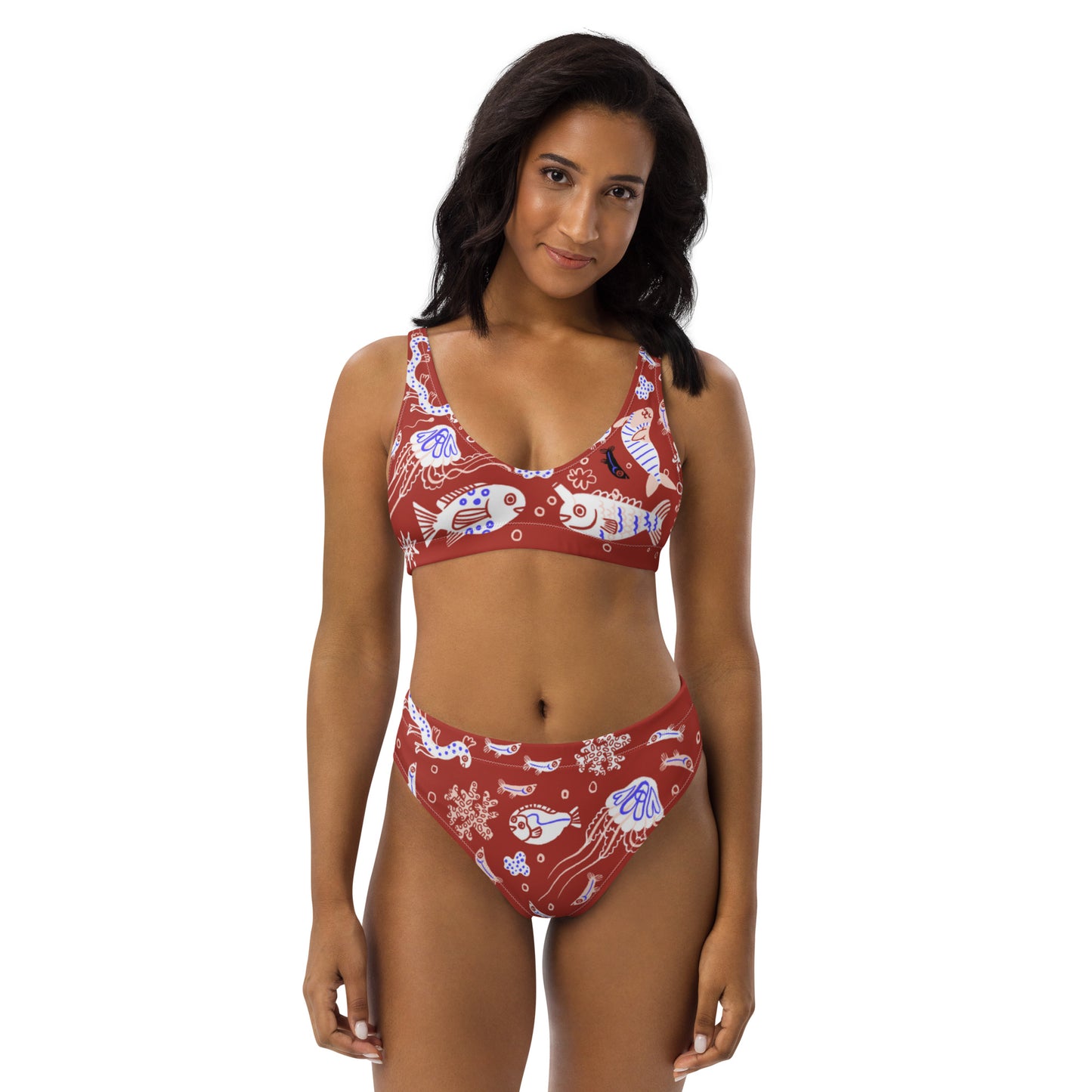 Funny Fishes Recycled Bikini Set in Red Sea Red