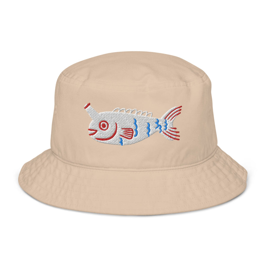 Bucket hat in tan color with embroidered fish design