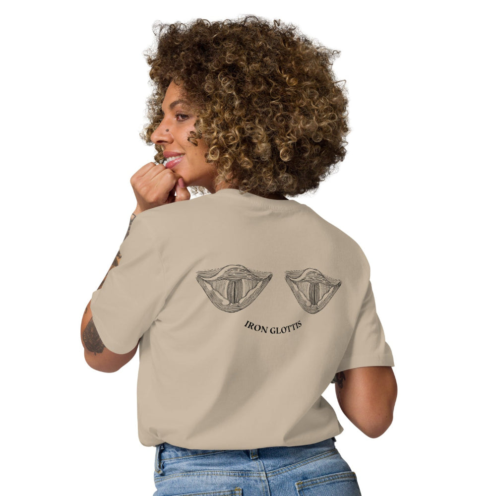 Back view of a woman wearing a tan Glottis Monster organic unisex T-shirt