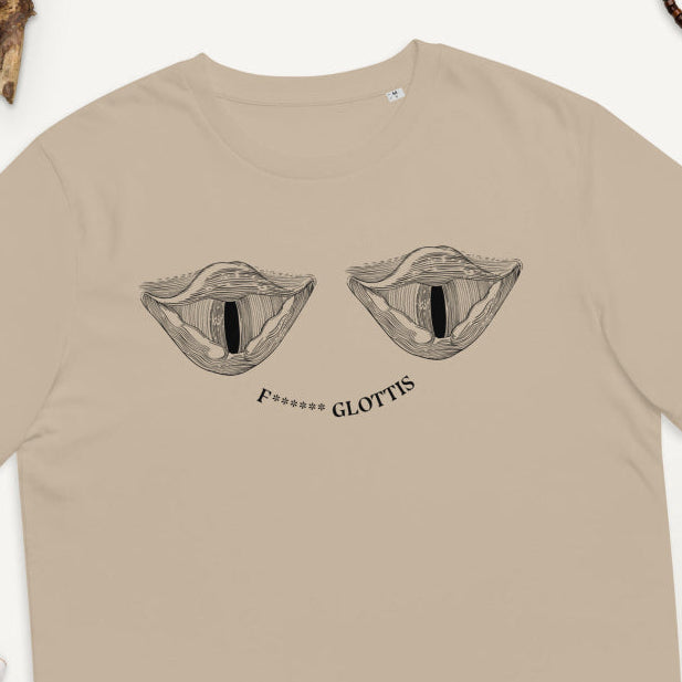 Tan Glottis Monster organic unisex T-shirt laid flat