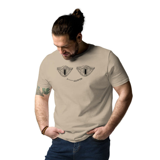 A man wearing a tan Glottis Monster organic unisex T-shirt for freedivers, front view