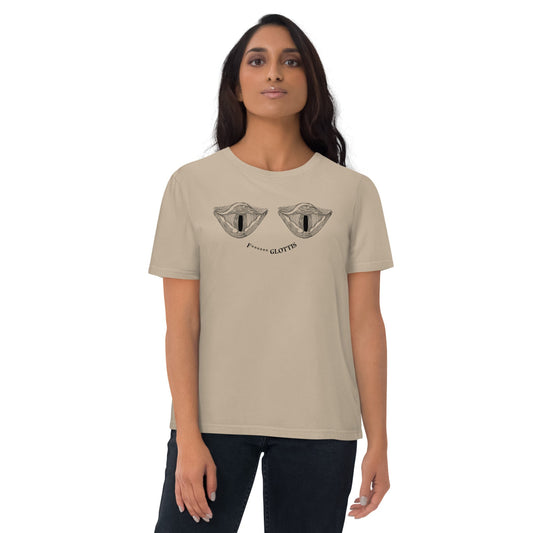 A woman wearing a tan Glottis Monster organic unisex T-shirt for freedivers, front view